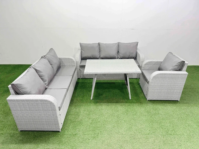 Image of Fimous 4 Pieces Outdoor PE Rattan Garden Furniture with Reclining Chair in Light Grey Light Grey Unisex