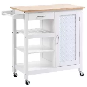 Image of Homcom Kitchen Cart On Wheels With Embossed Door Panel, Drawer - White