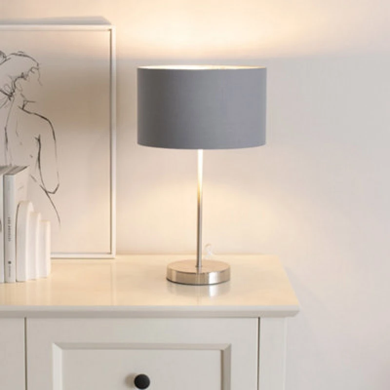 Image of ValueLights ValueLights Charlie Fabric Drum & Chrome Inner Shade Chrome Stem Table Lamp & Bulb in Grey Grey One Size Unisex 5059406060663