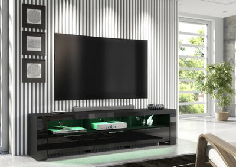 Image of Furneo 200Cm Black Long TV Stand Unit Cabinet Matt & High Gloss RGB (Multicoloured) LED Lights Phantom 10