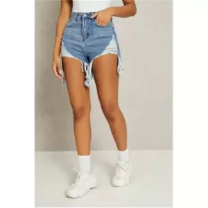 Image of I Saw It First Mid Wash Extreme Distressed Denim Mom Shorts - Blue