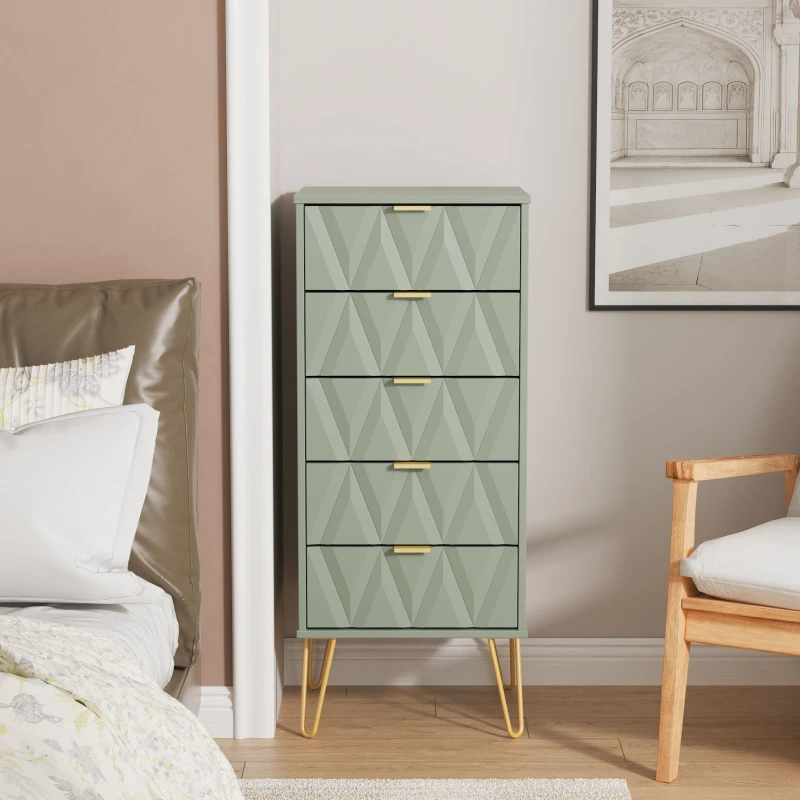 Image of Ready Assembled 2 U Dallas 5 Drawer Tall Bedside (Ready Assembled) in Pale Green Pale Green Unisex