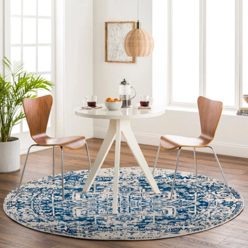 Image of Livabliss Round Vintage Oriental Boho Navy Juliette Area Rug 160 X 160 Cm - Easy Care, Non Shedding, Ideal For Living Room & Bedroom
