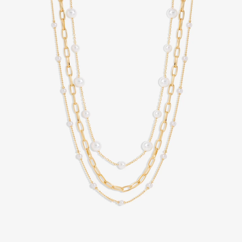 Image of Mood Gold Pearl Chain Multirow Necklace - Pack Of 3 Gold