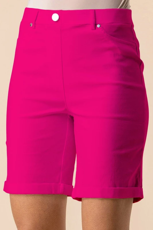 Image of Roman Womens Elastic Waist Turn Up Stretch Shorts in Cerise Size: 12 Cerise Female 12