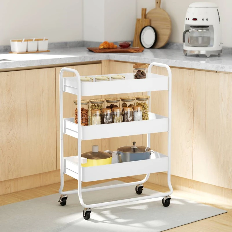 Image of HOMCOM 3-Tier Storage Trolley, Storage Cart with Mesh Backets, Wheels in White White Unisex