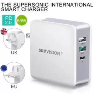 Image of Sumvision 65W USB type C Multi-Port UK/EU/US Wall Charger suitable for USB-C Laptop Charging