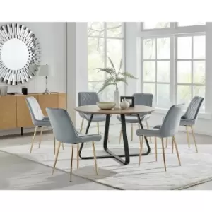 Image of Santorini Brown Round Dining Table And 6 Grey Pesaro Gold Leg Chairs - Elephant Grey