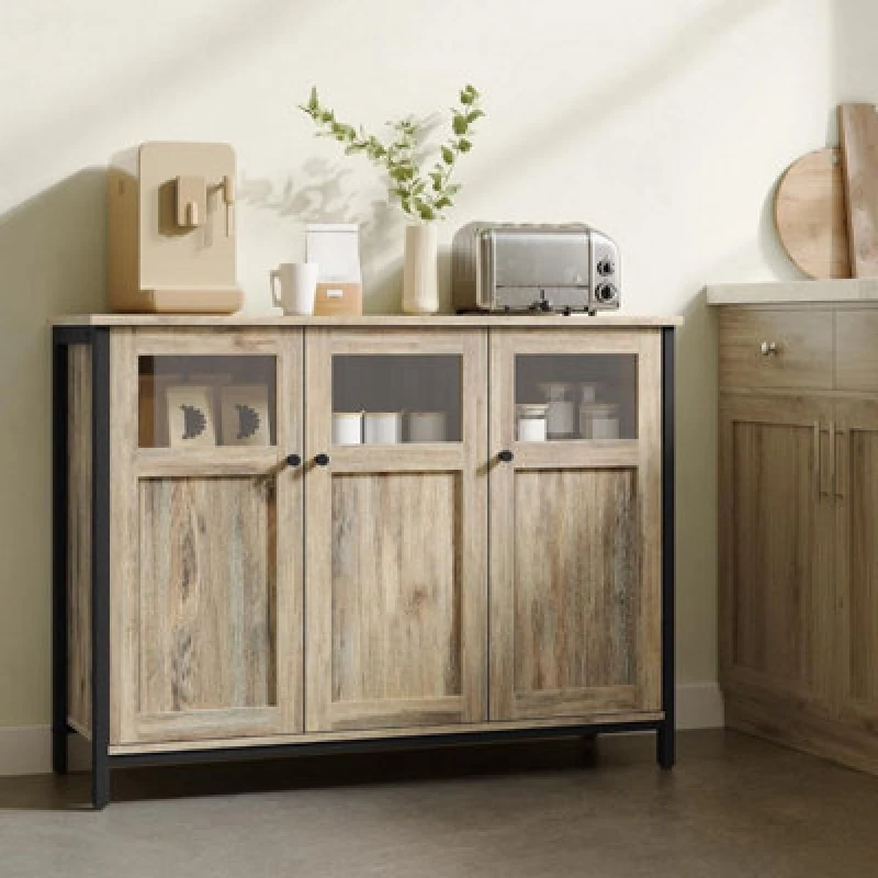 Image of Songmics Sideboard, Buffet Table, Storage Cabinet With Glass Doors, Steel Frame, Industrial Style, Turquoise Brown And Ink Black