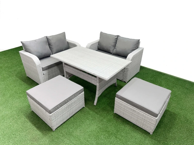 Image of Fimous 6 Seater Outdoor Love Sofa Set Rattan Garden Furniture Set with Rectangular Dining Table 2 Footstool Light Grey Light Grey