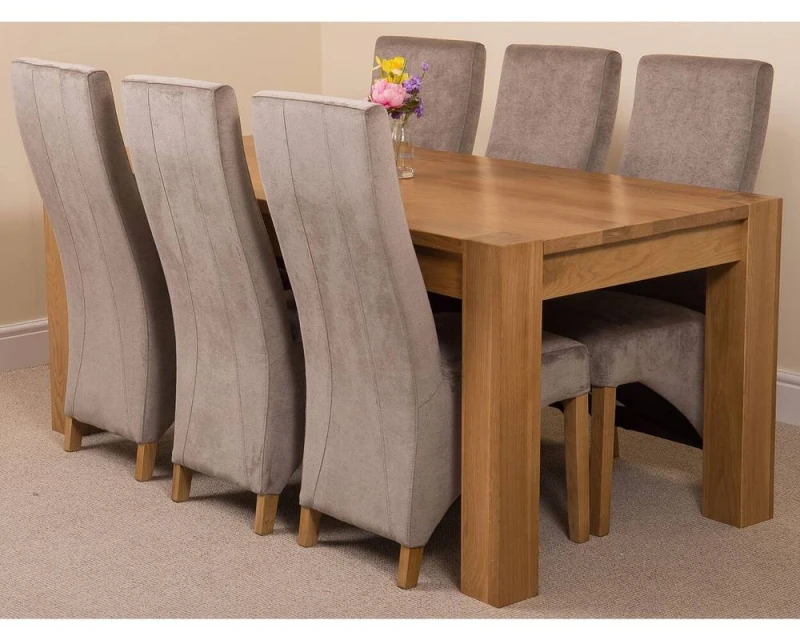 Image of Thats Furniture Kuba 180 x 90cm Chunky Oak Dining Table & 6 Lola Fabric Chairs in Grey Grey Unisex 180 x 90 cm