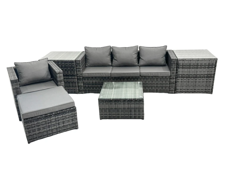 Image of Fimous 5 Seater Patio Lounge Sofa Set with Big Footstool in Dark Grey Dark Grey Unisex