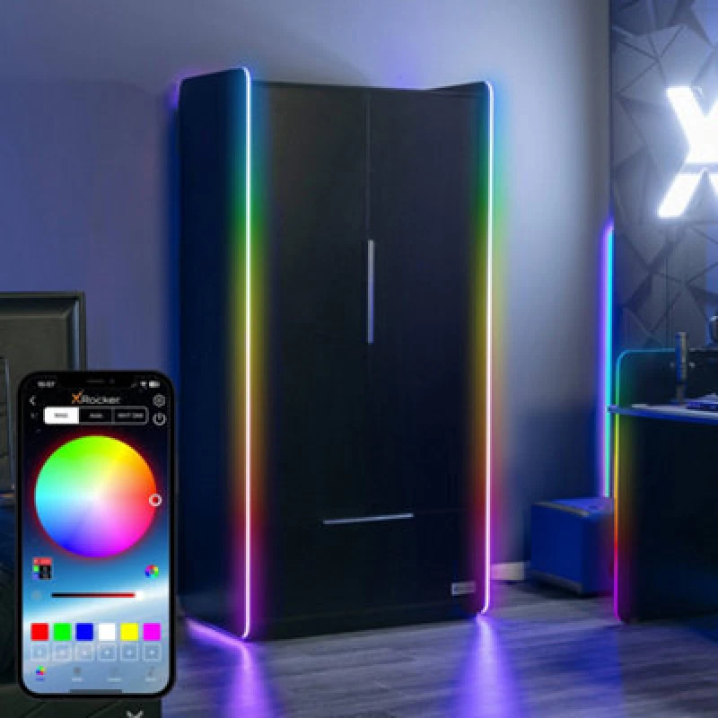 Image of X Rocker Electra RGB Double Wardrobe 2 Doors 1 Drawer Shelf App Controlled LED Lights Black