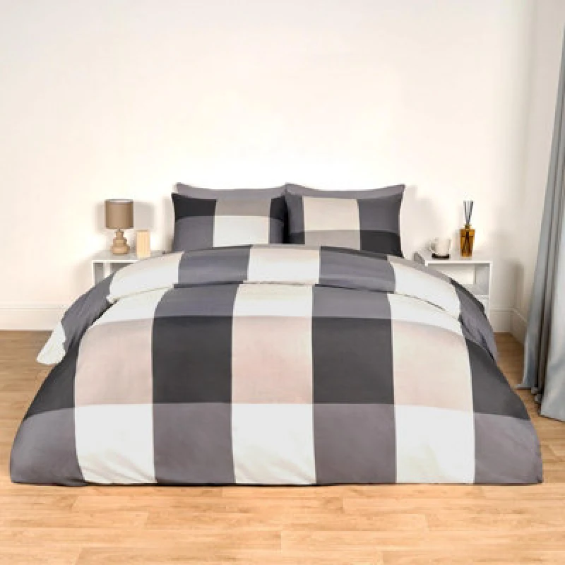 Image of OHS OHS Gingham Check Duvet Cover Bedding Quilt Pillowcase Set Reversible in Light Grey Size: Double Light Grey Double Unisex 5027434188161