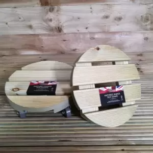 Image of Pack of 2 Tom Chambers Handcrafted Heavy Duty Round Natural Wood Garden Patio Plant Flower Pot Stand Caddy Trolley Dolly on Strong Metal Castor Wheels
