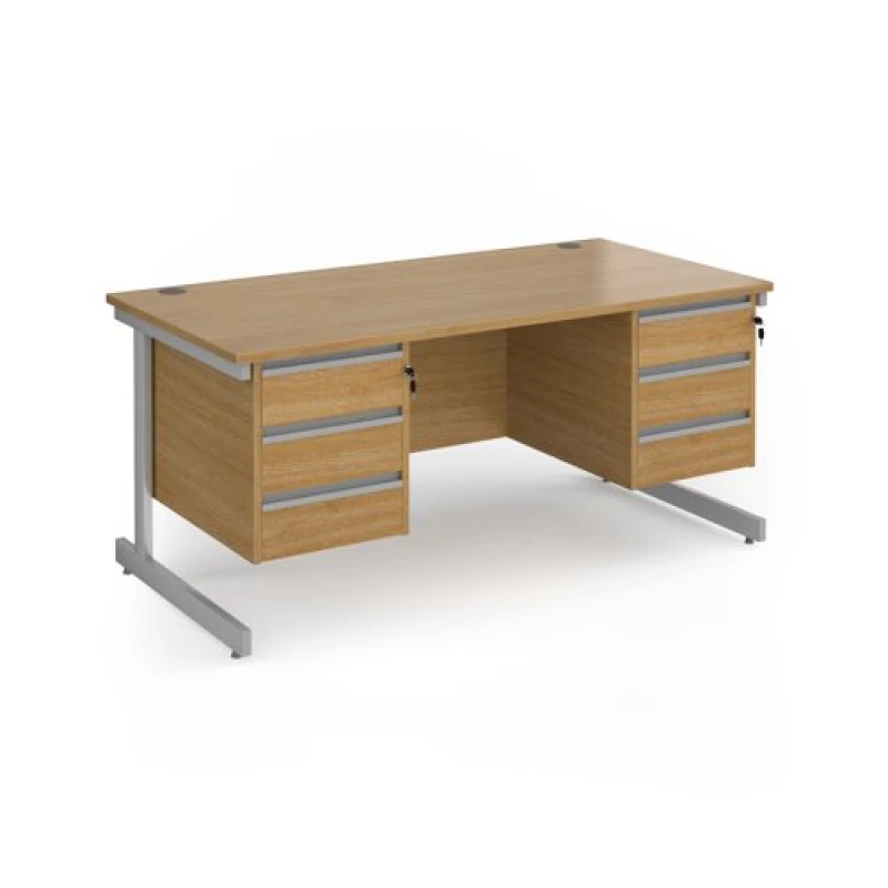 Image of Contract 25 Office Desk Rectangular Desk 1600mm With Double Pedestal Oak Top With Silver Frame 800mm Depth Contract 25 CC16S33-S-O Oak CC16S33