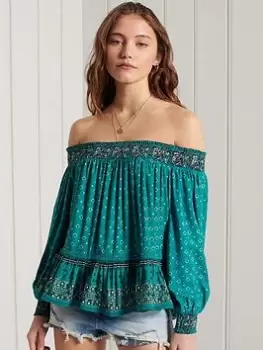 Image of Superdry Ameera Off The Shoulder Top - Deep Green, Size 10, Women