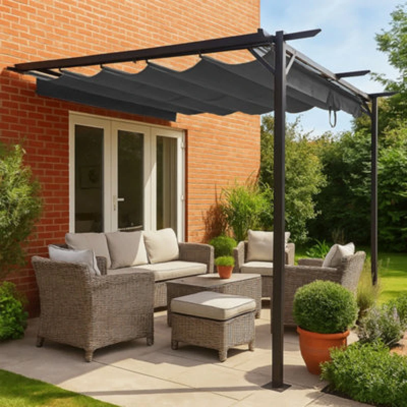 Image of Jack Stonehouse Outdoor Wall Mounted Pergola - Retractable Water-Resistant Roof Canopy & Steel Frame. For Sun, Bbq, Parties - Grey - 3M X 3M
