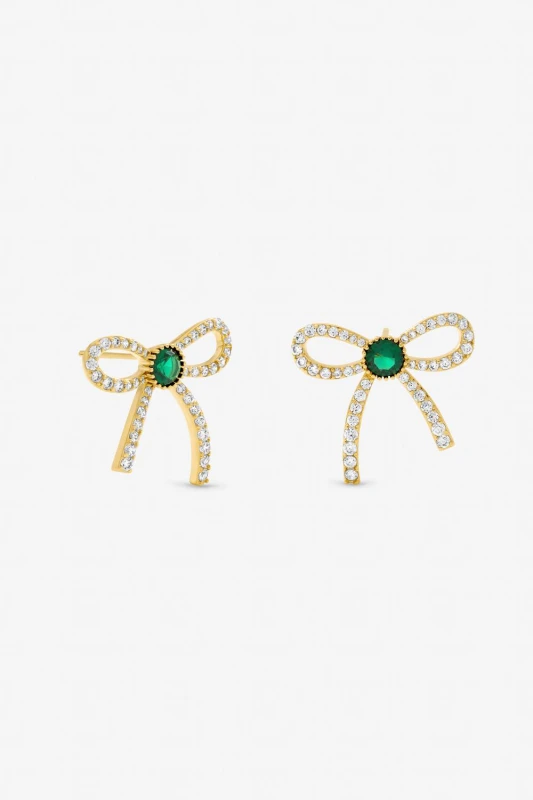 Image of Jon Richard Womens Gold Plated Crystal & Emerald Bow Stud Earrings Gold Female One Size