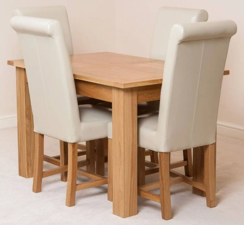 Image of Thats Furniture Hampton 120-160cm Oak Extending Dining Table + 4 Washington Leather Chairs in Cream Cream Unisex