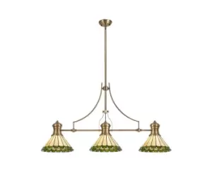 Image of 3 Light Telescopic Ceiling Pendant E27 With 30cm Tiffany Shade, Antique Brass, Green, Crystal