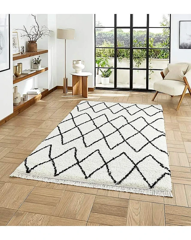 Image of Think Rugs Think Rugs Boho Fringe Rug Black/White - Think Rugs - Size: 80X150 Black/White 80X150 RT37321
