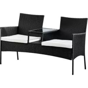 Image of Outdoor Patio Garden Furniture, Rattan Wicker Loveseat Bench with 2 Cushioned Seats and Built-In Centre Glass Table and Shelf, Black - Black