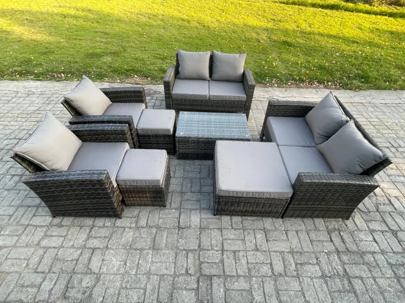 Image of Fimous Garden Furniture Sets 8 Pieces Outdoor Rattan Furniture Manual Wicker Patio Sofa Chair Set with Coffee Table 3 Footstool in Dark Grey Dark Grey
