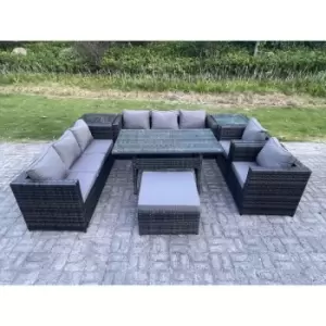 Image of Fimous 8 Seater Outdoor Dark Grey Rattan Lounge Complete Sofa Set with Rectangular Dining Table and Big Footstool