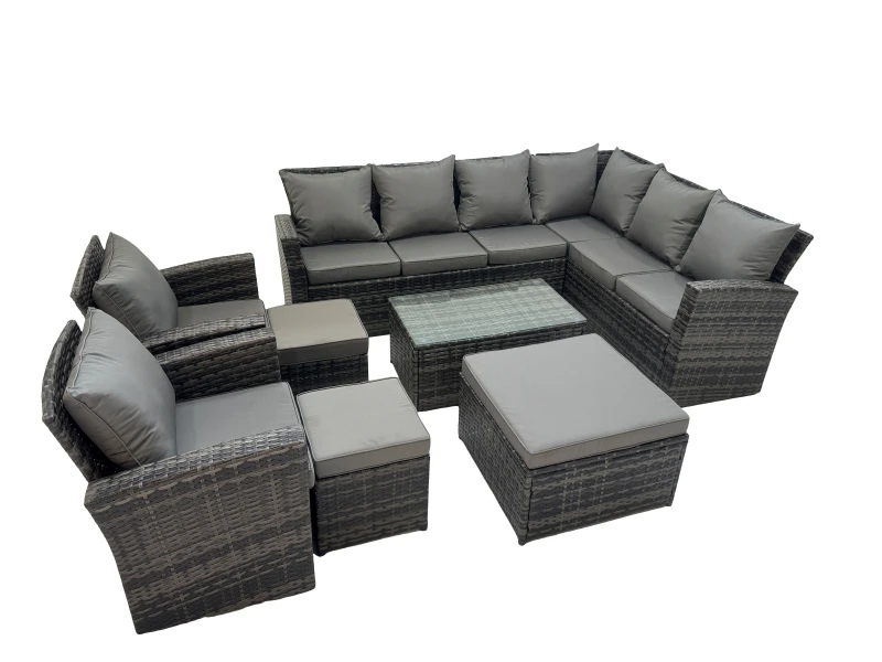 Image of Fimous 11 Seater Garden Sofa Coffee Table Set with Chair 3 Footstools in Dark Grey Dark Grey Unisex
