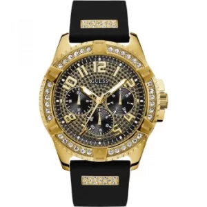 Image of GUESS Gents gold watch with crystals, Black crystal-covered dial and Black silicone strap.