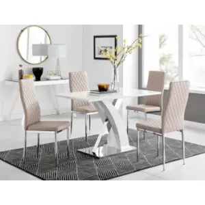 Image of Furniturebox UK - Atlanta White High Gloss And Chrome Metal Rectangle Dining Table And 4 Cappuccino Grey Milan Dining Chairs Set - Cappuccino