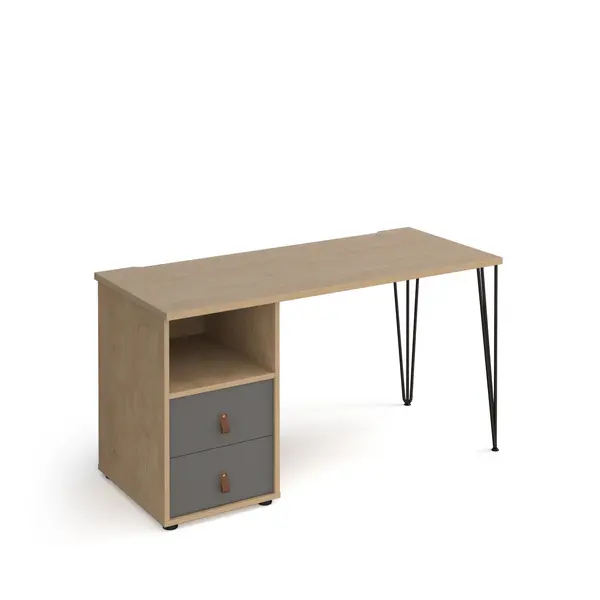 Image of Tikal Straight Oak Desk with Black Hairpin Leg with Grey Drawers - 1400mm x 600mm