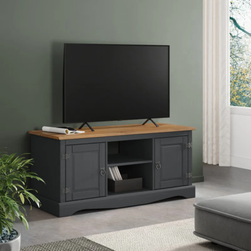 Image of Mercers Furniture Corona Charcoal 2 Door Media Unit 1 Shelf TV Stand Solid Pine With Mexican Styling, Grey CHARC105
