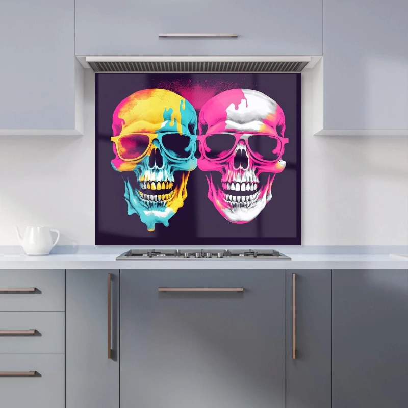 Image of Warren Reed - Designer Pinks & Blue Happy Skeletons Kitchen Splashback Size: 700mm x 750mm Multicolor Unisex 700mm x 750mm