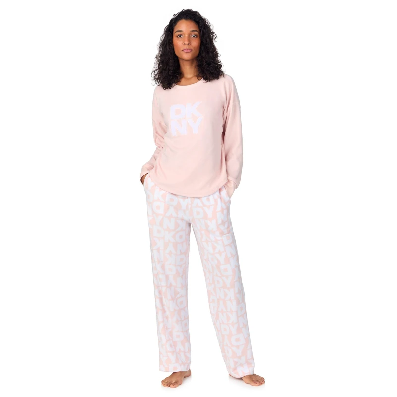 Image of DKNY Womens Long Sleeve Pyjama Set Pink Letters female 8 (XS)