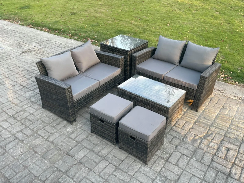 Image of Fimous Wicker Rattan Garden Furniture Sofa Set with Rectangular Coffee Table Double Seat Sofa 2 Small Footstool Side Table 6 Seater in Dark Grey Dark
