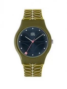 Image of Orla Kiely Orla Kiely Bobby Black Sunray Dial Green Stem Print Strap Watch