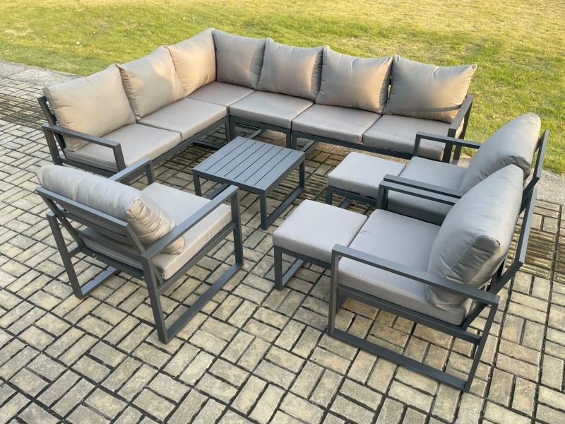 Image of Fimous 11 Seater Aluminium Garden Furniture Set Outdoor Lounge Corner Sofa 3 Pcs Chair Square Coffee Table Sets with 2 Small Footstools Dark Grey Dark