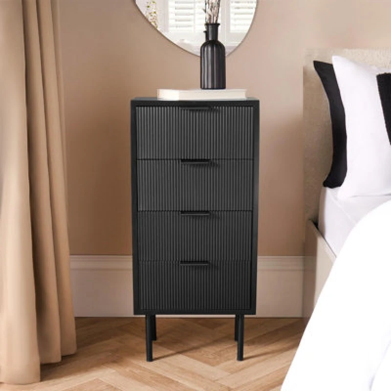 Image of OHS OHS Ribbed Bedside Table Modern Bedroom 4 Draw Office Nightstand in Black One Size Unisex 5027434198559