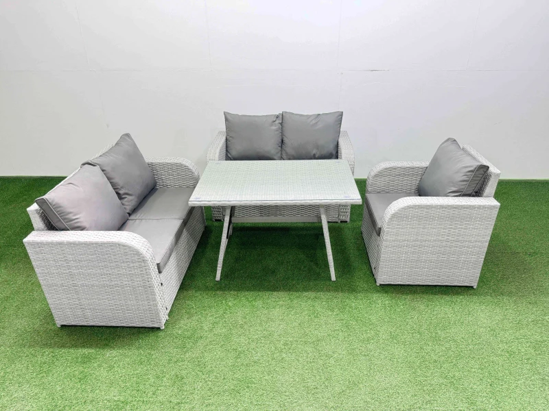 Image of Fimous 5 Seater Outdoor Rattan Garden Furniture Love Sofa Reclining Chair Set in Light Grey Light Grey Unisex