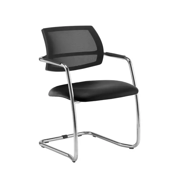 Image of Tuba chrome cantilever frame conference chair with half mesh back - Nero Black vinyl