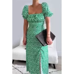 Image of I Saw It First Green Square Print Woven Short Puff Sleeve Midi Dress - Green