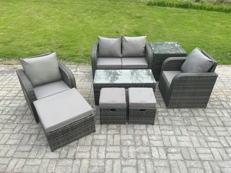 Image of Fimous 7 Seater Rattan Lounge Sofa Set Outdoor Garden Furniture Set with Rectangular Coffee Table Love Sofa Side Table Dark Grey
