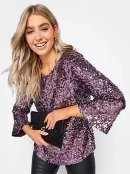 Image of M&Co Sequin Flute Sleeve Top, Purple, Size 18, Women
