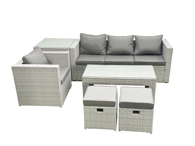 Image of Fimous Rattan Garden Furniture Set Outdoor Lounger Sofa with Coffee Table 2 Small Footstools Light Grey Mixed 6 Seater Light Grey