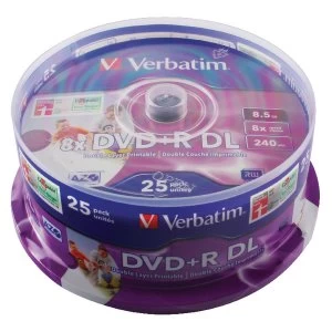 Image of Verbatim DVDR Double Layer Inkjet Printable 8x 8.5GB DVDR DL 25pcs