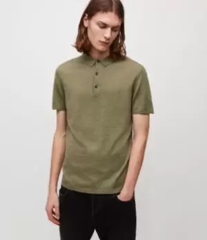 Image of AllSaints Mens Mode Merino Short Sleeve Polo Shirt, Moss Green Marl, Size: S