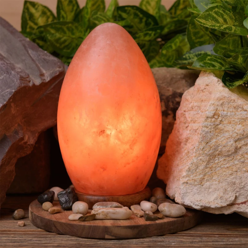 Image of Hestia Egg Shaped Rock Salt Lamp with Wooden Base 20cm Pink