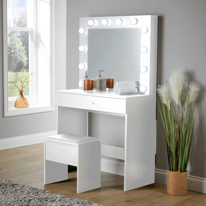 Image of Home Source Dressing Table with Stool LED Lights Mirror Makeup Vanity Desk Set White